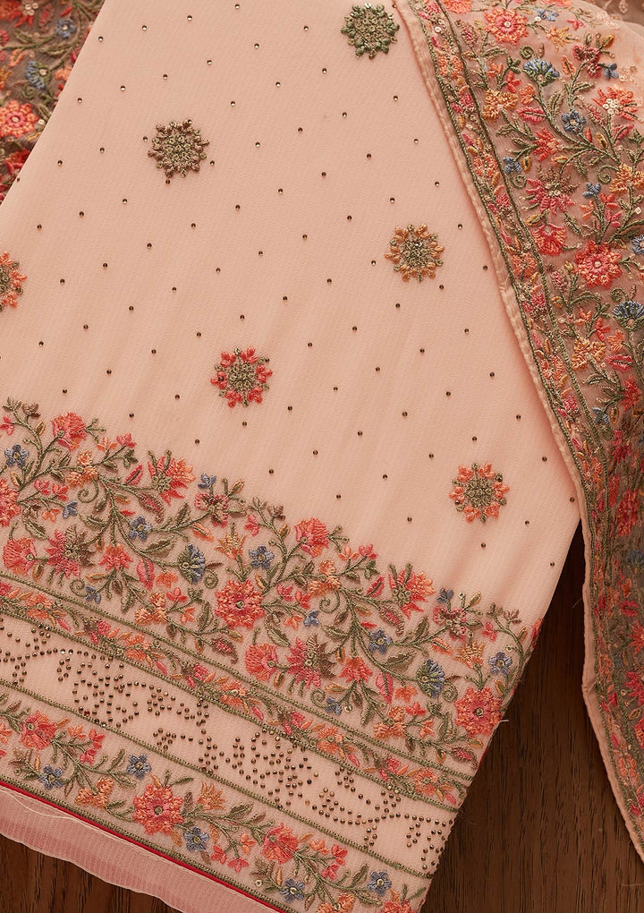 Peach Threadwork Georgette Designer Unstitched Salwar Suit - koskii