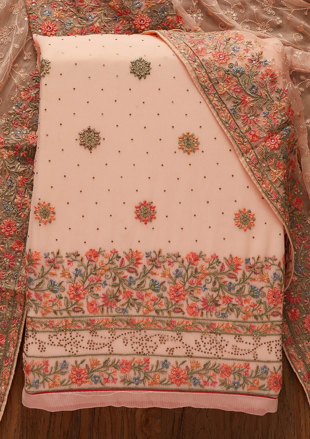 Peach Threadwork Georgette Designer Unstitched Salwar Suit - koskii