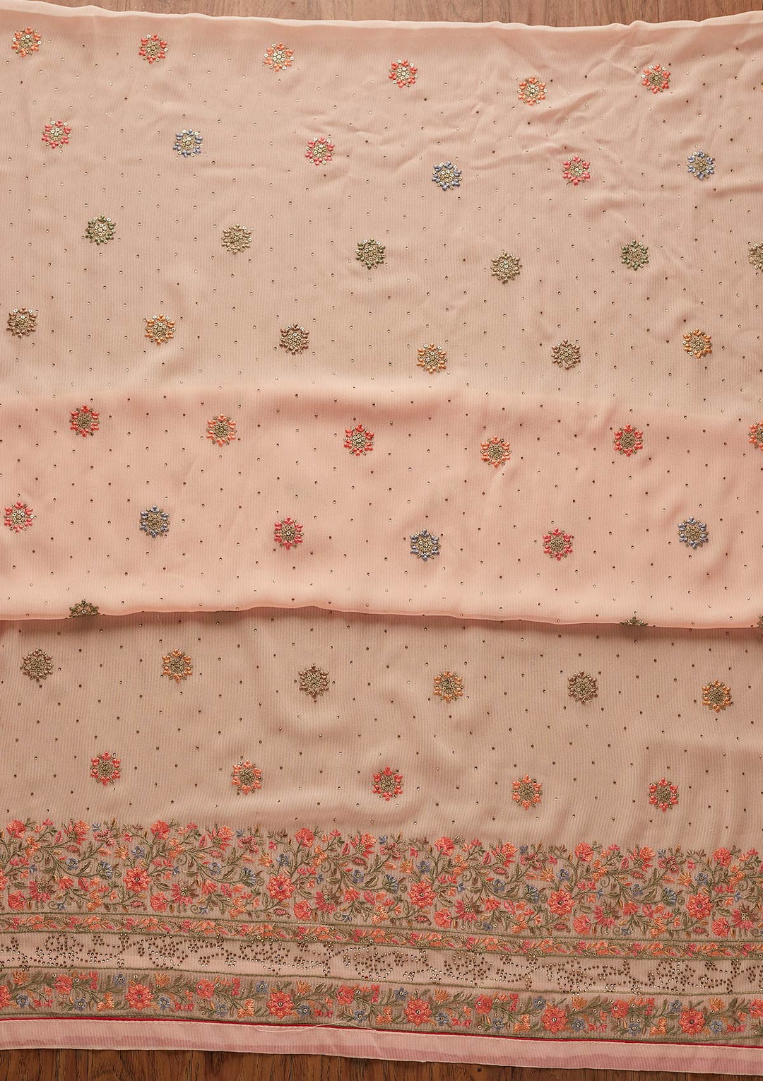 Peach Threadwork Georgette Designer Unstitched Salwar Suit - koskii