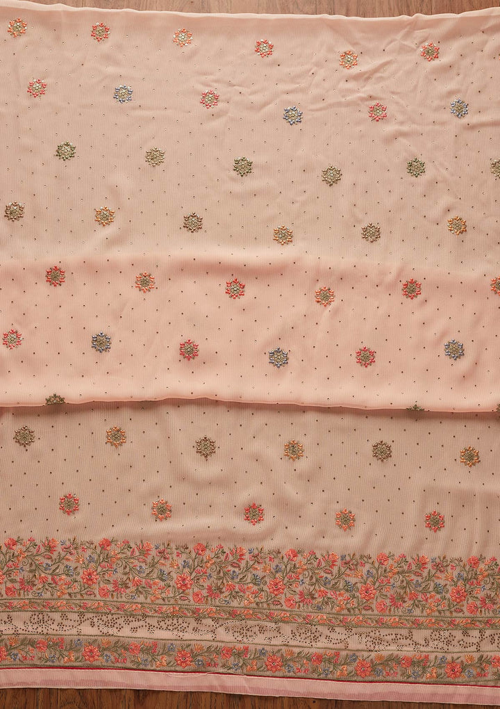 Peach Threadwork Georgette Designer Unstitched Salwar Suit - koskii