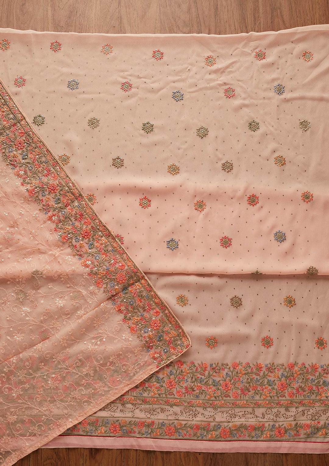 Peach Threadwork Georgette Designer Unstitched Salwar Suit - koskii