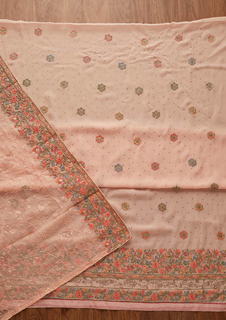 Peach Threadwork Georgette Designer Unstitched Salwar Suit - koskii