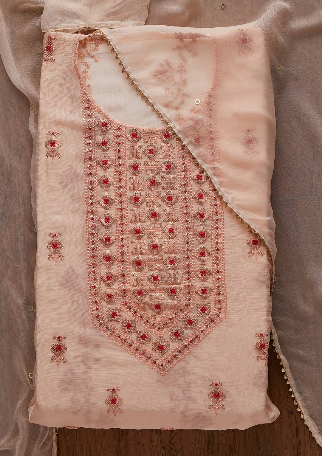 Peach Threadwork Georgette Designer Unstitched Salwar Suit - koskii