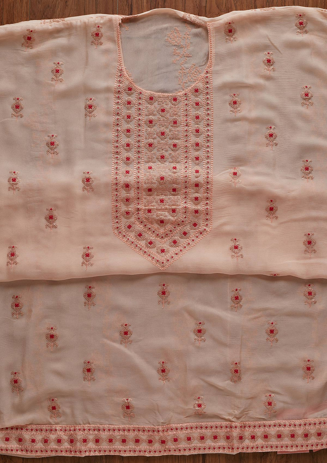 Peach Threadwork Georgette Designer Unstitched Salwar Suit - koskii