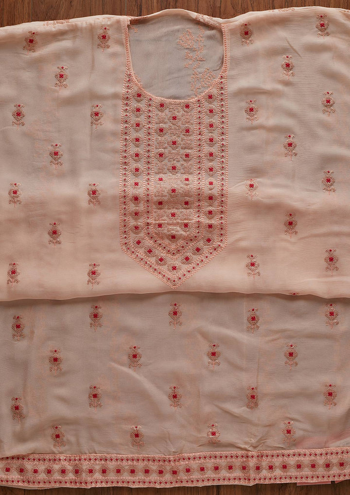 Peach Threadwork Georgette Designer Unstitched Salwar Suit - koskii