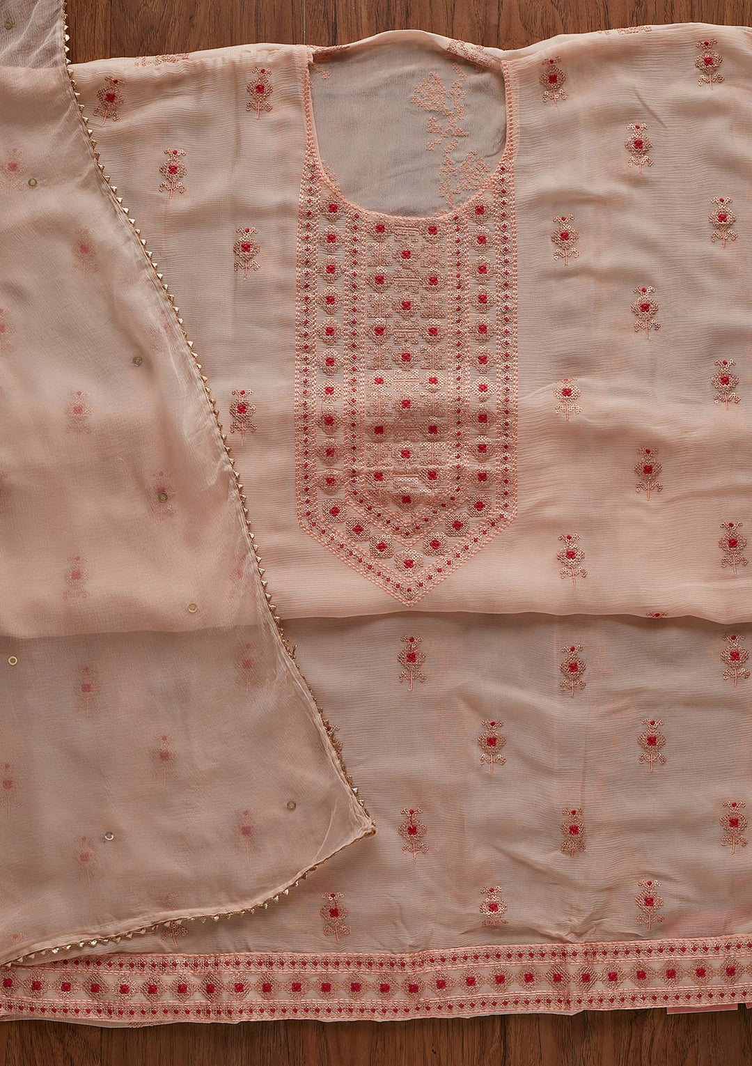 Peach Threadwork Georgette Designer Unstitched Salwar Suit - koskii