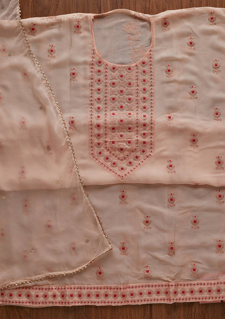 Peach Threadwork Georgette Designer Unstitched Salwar Suit - koskii