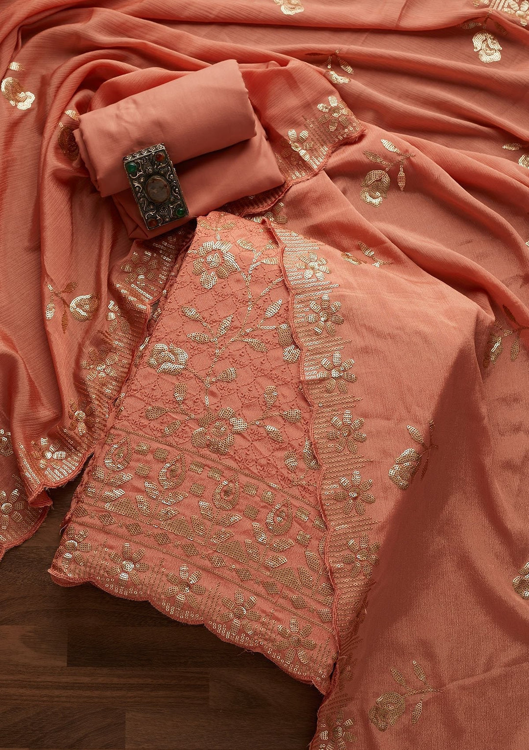Peach Threadwork Georgette Designer Unstitched Salwar Suit - Koskii