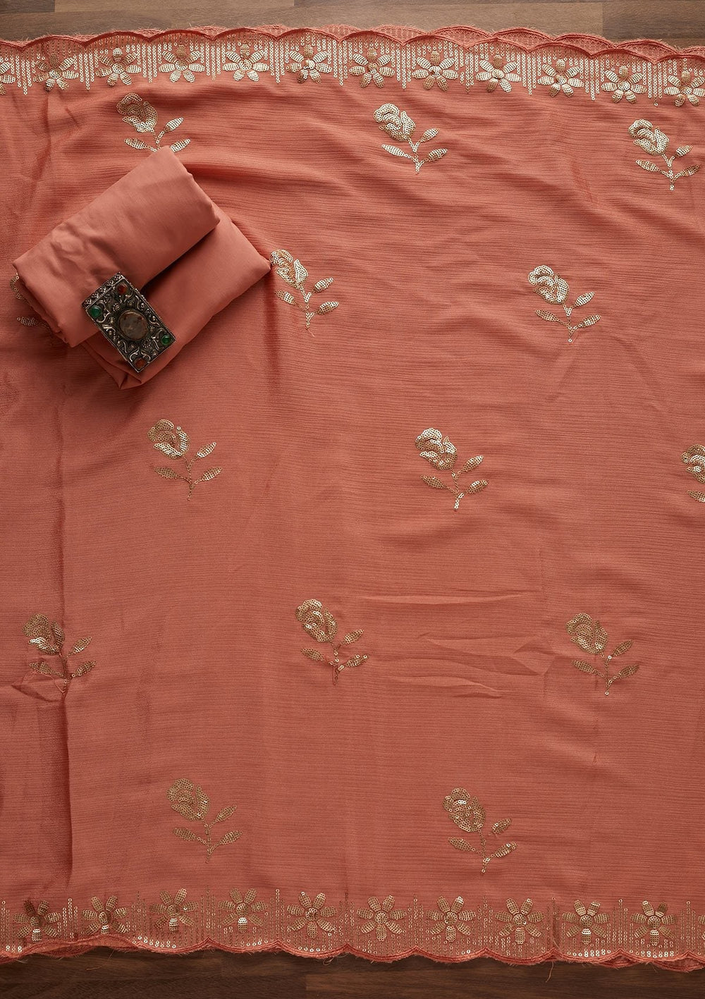 Peach Threadwork Georgette Designer Unstitched Salwar Suit - Koskii