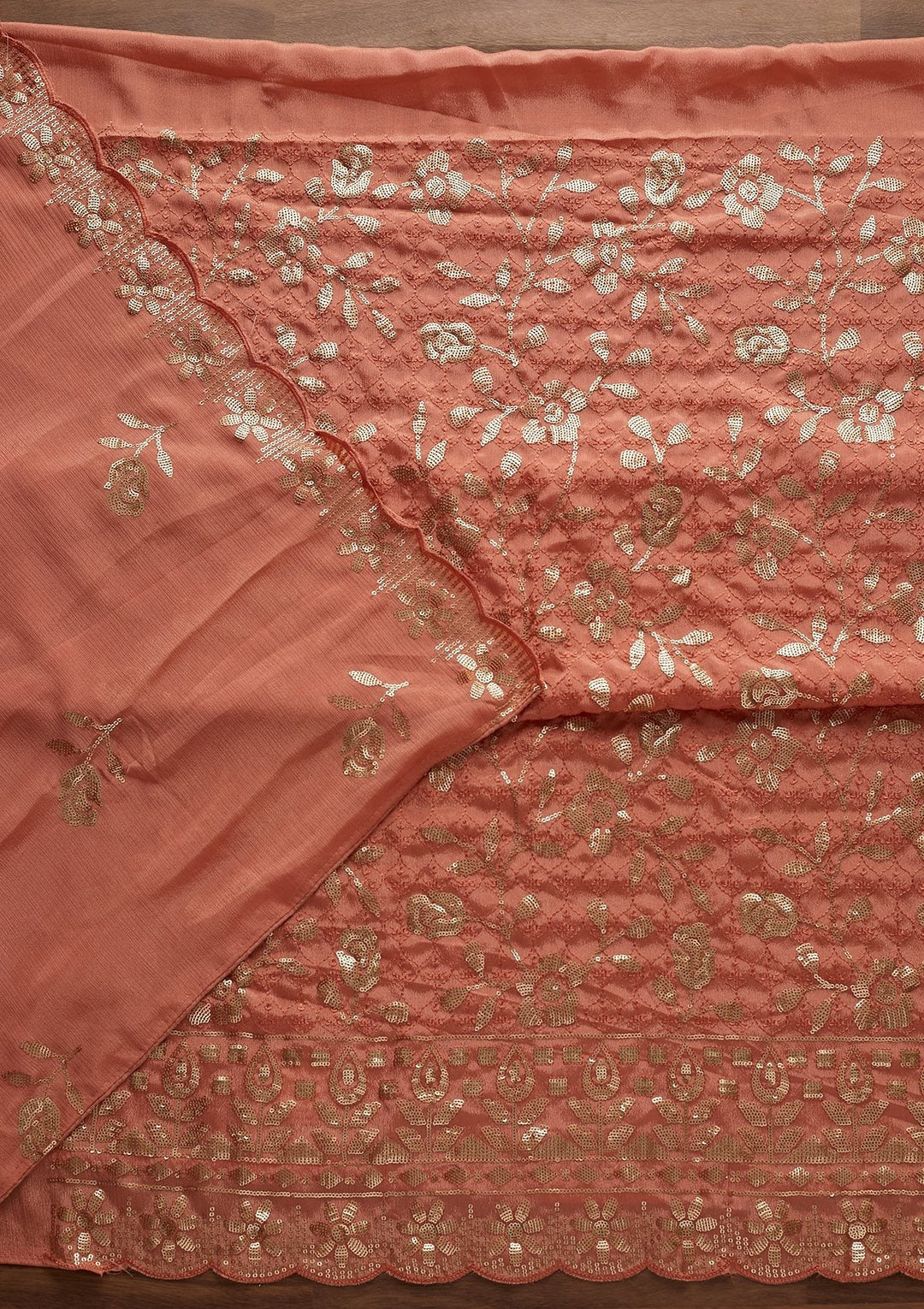 Peach Threadwork Georgette Designer Unstitched Salwar Suit - Koskii