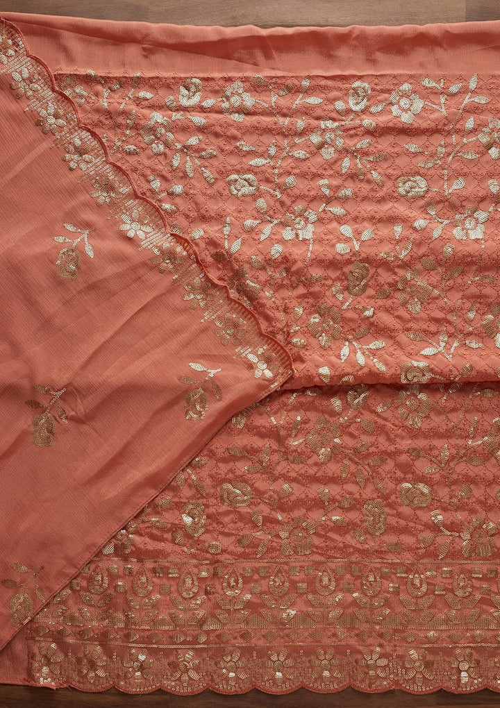 Peach Threadwork Georgette Designer Unstitched Salwar Suit - Koskii
