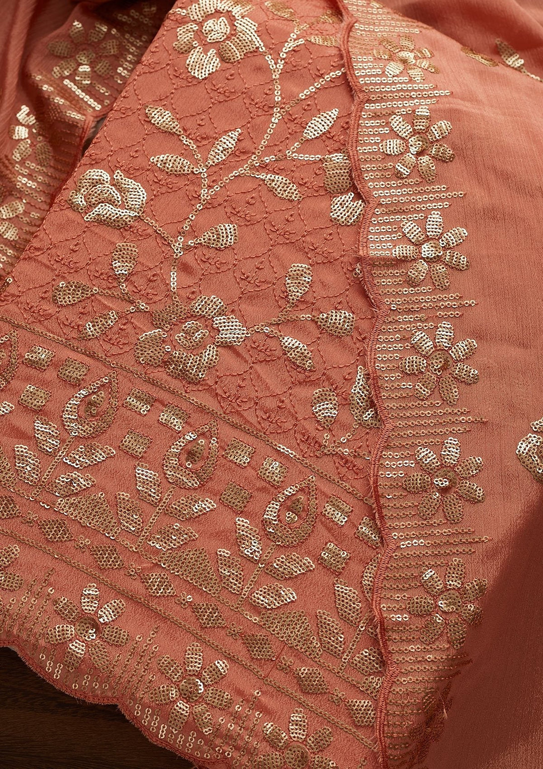 Peach Threadwork Georgette Designer Unstitched Salwar Suit - Koskii