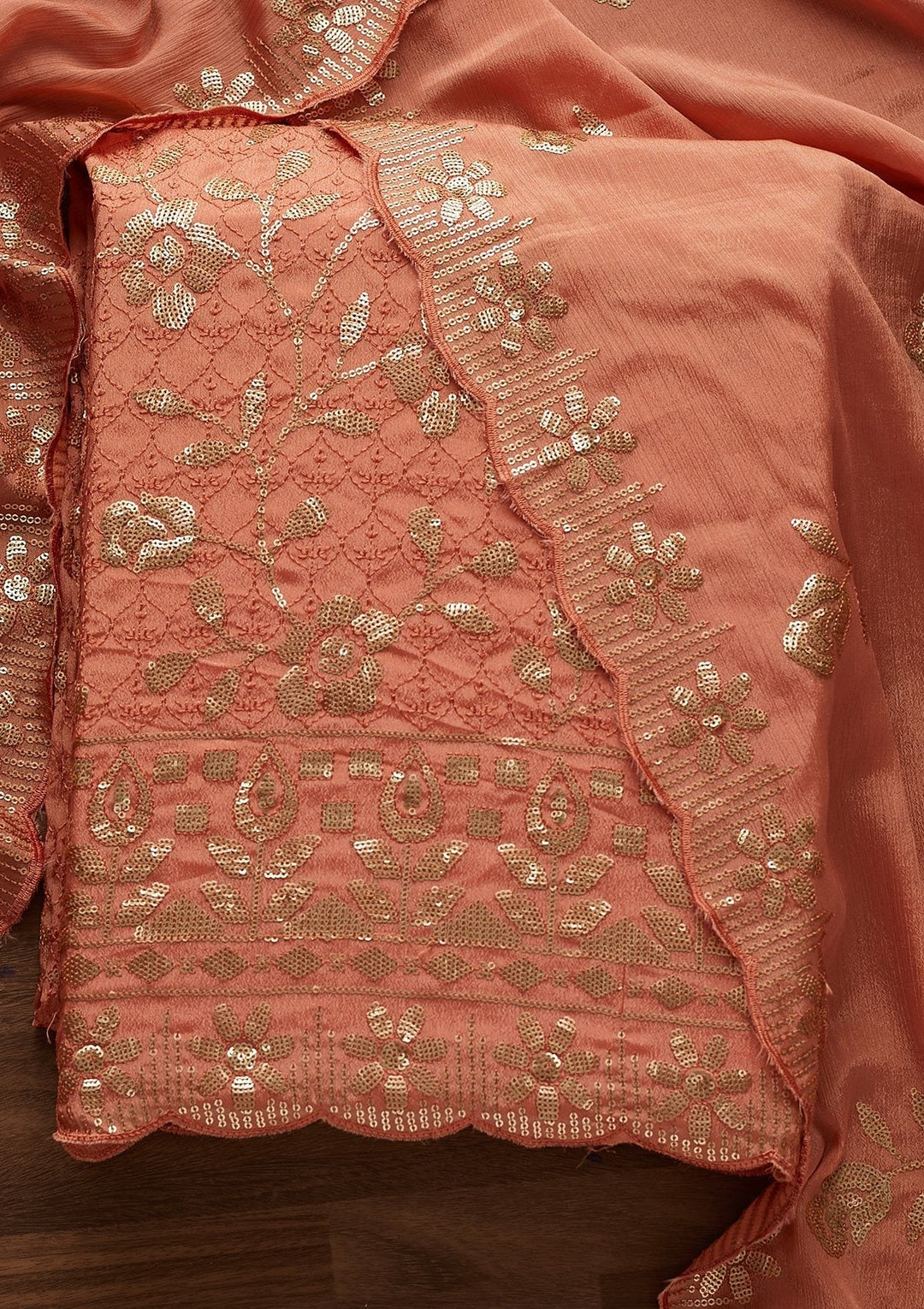 Peach Threadwork Georgette Designer Unstitched Salwar Suit - Koskii