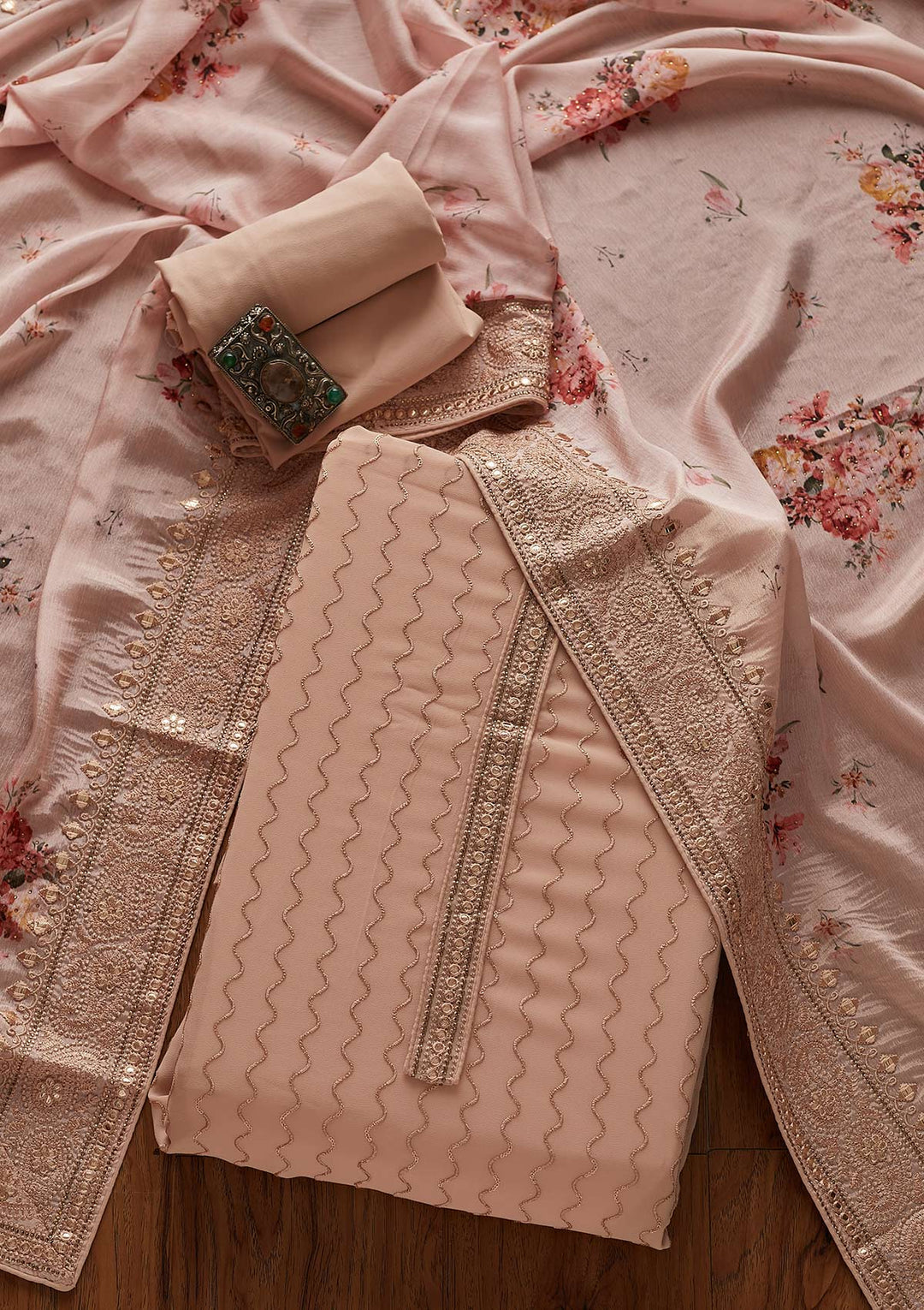 Peach Threadwork Georgette Designer Unstitched Salwar Suit - koskii