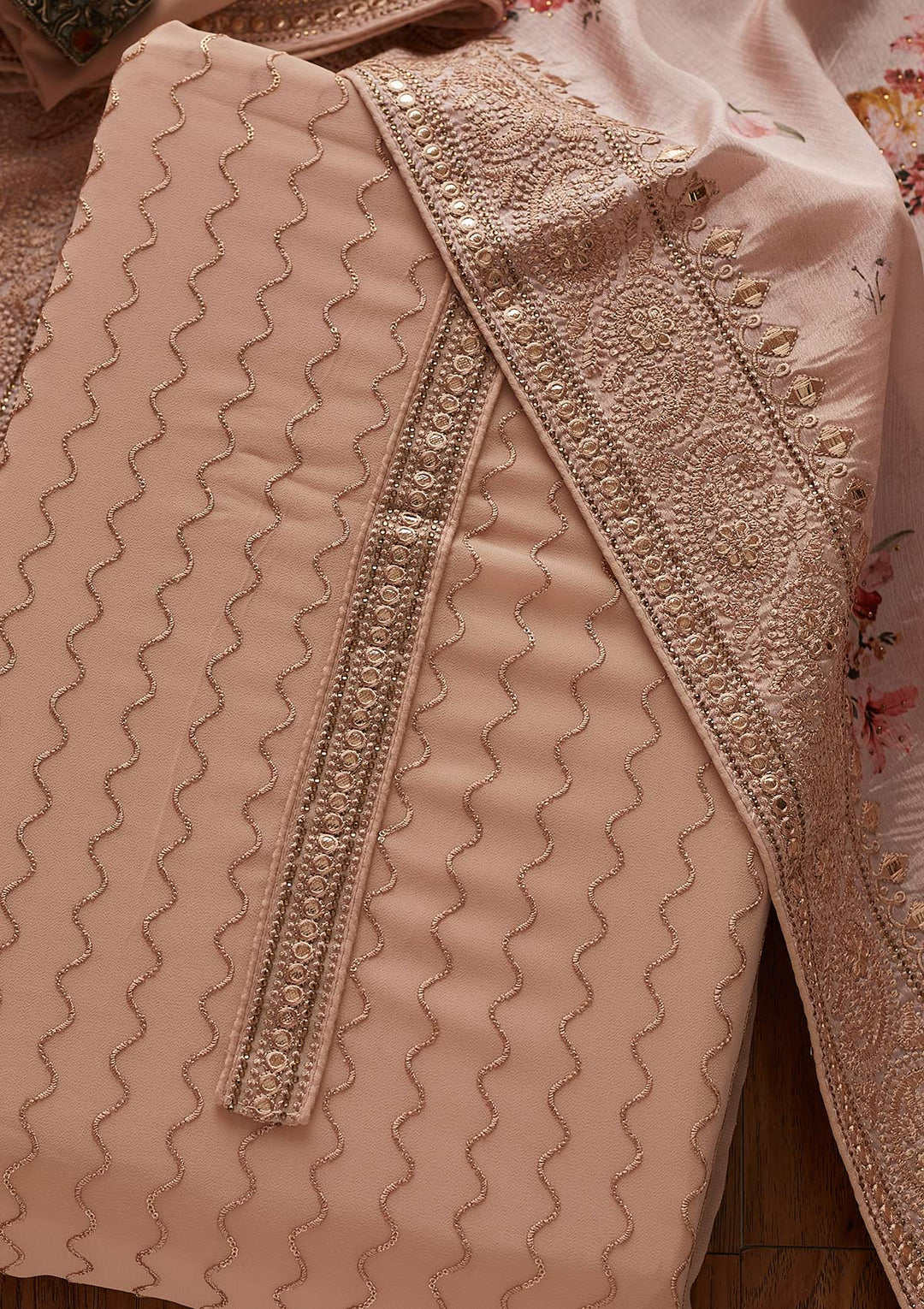 Peach Threadwork Georgette Designer Unstitched Salwar Suit - koskii