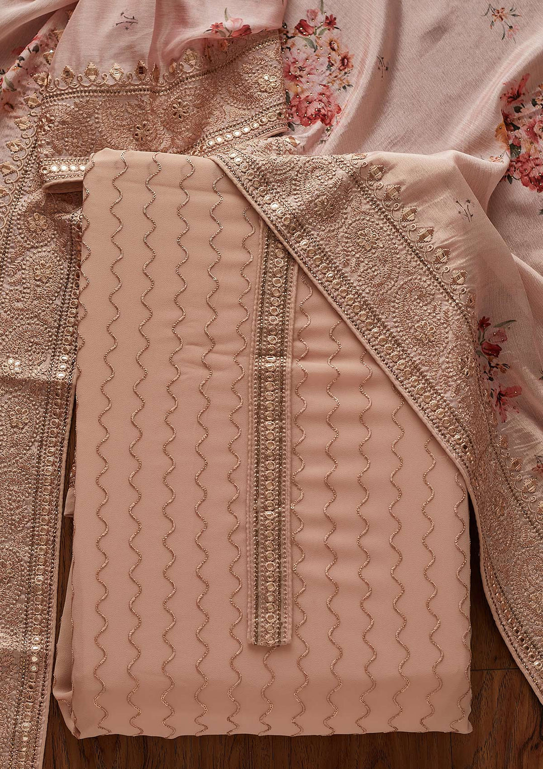 Peach Threadwork Georgette Designer Unstitched Salwar Suit - koskii
