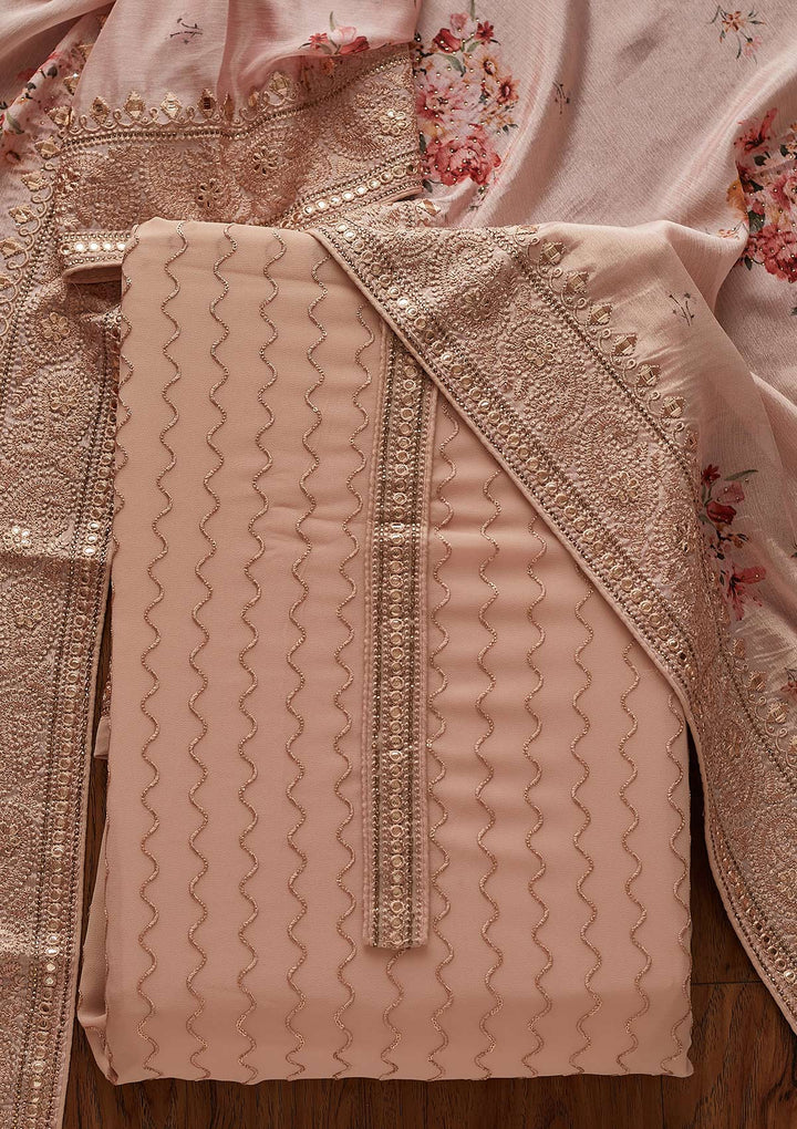 Peach Threadwork Georgette Designer Unstitched Salwar Suit - koskii