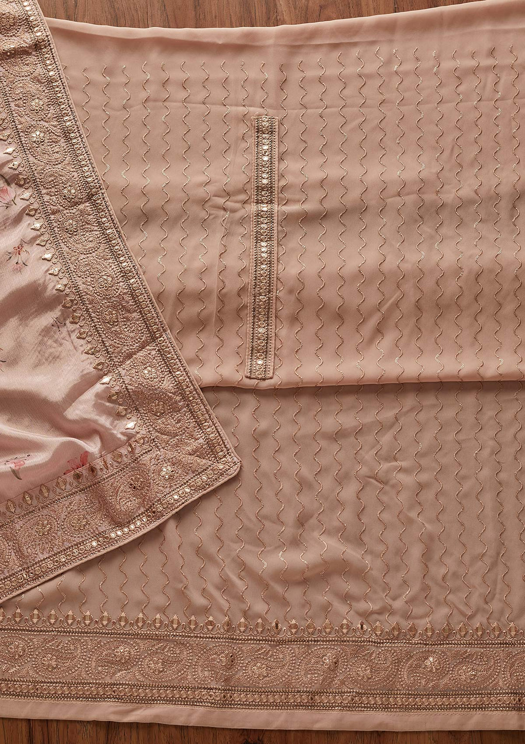 Peach Threadwork Georgette Designer Unstitched Salwar Suit - koskii