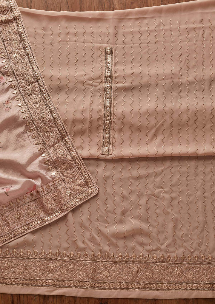 Peach Threadwork Georgette Designer Unstitched Salwar Suit - koskii