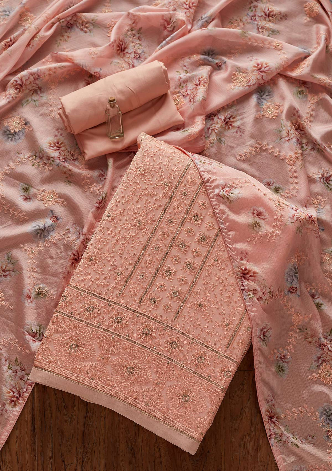 Peach Threadwork Georgette Designer Unstitched Salwar Suit - koskii