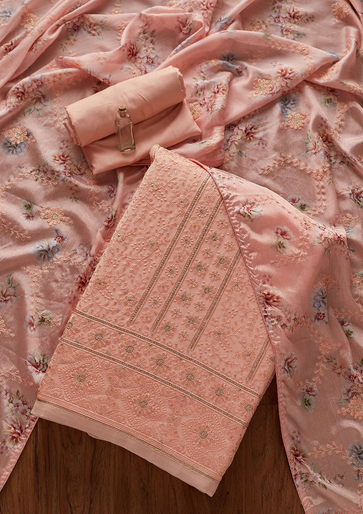Peach Threadwork Georgette Designer Unstitched Salwar Suit - koskii