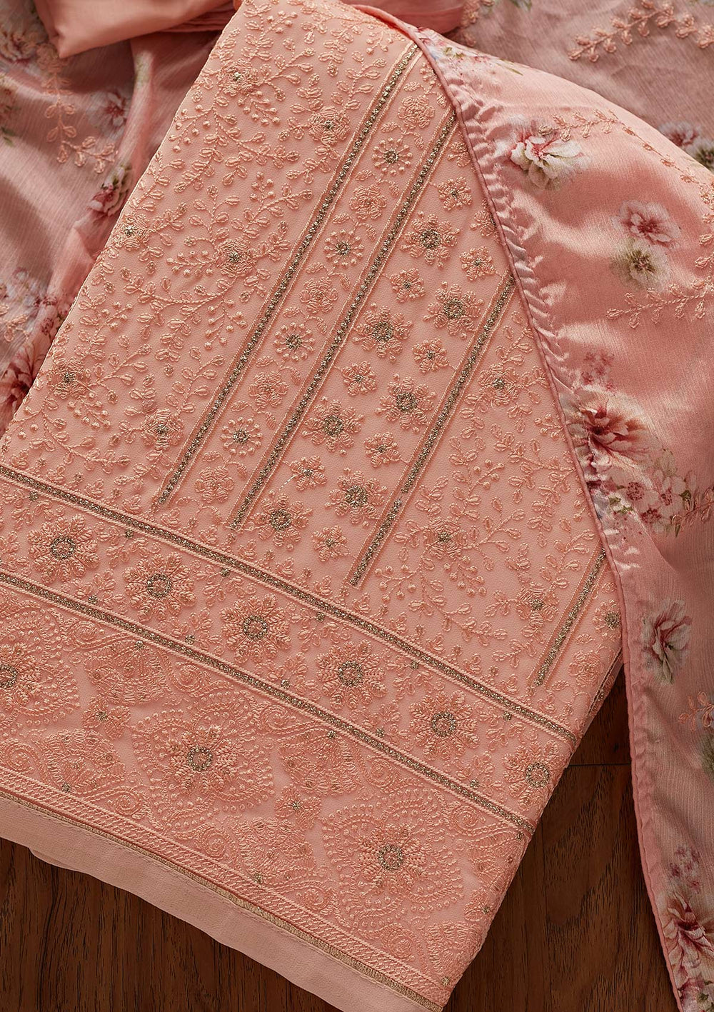 Peach Threadwork Georgette Designer Unstitched Salwar Suit - koskii