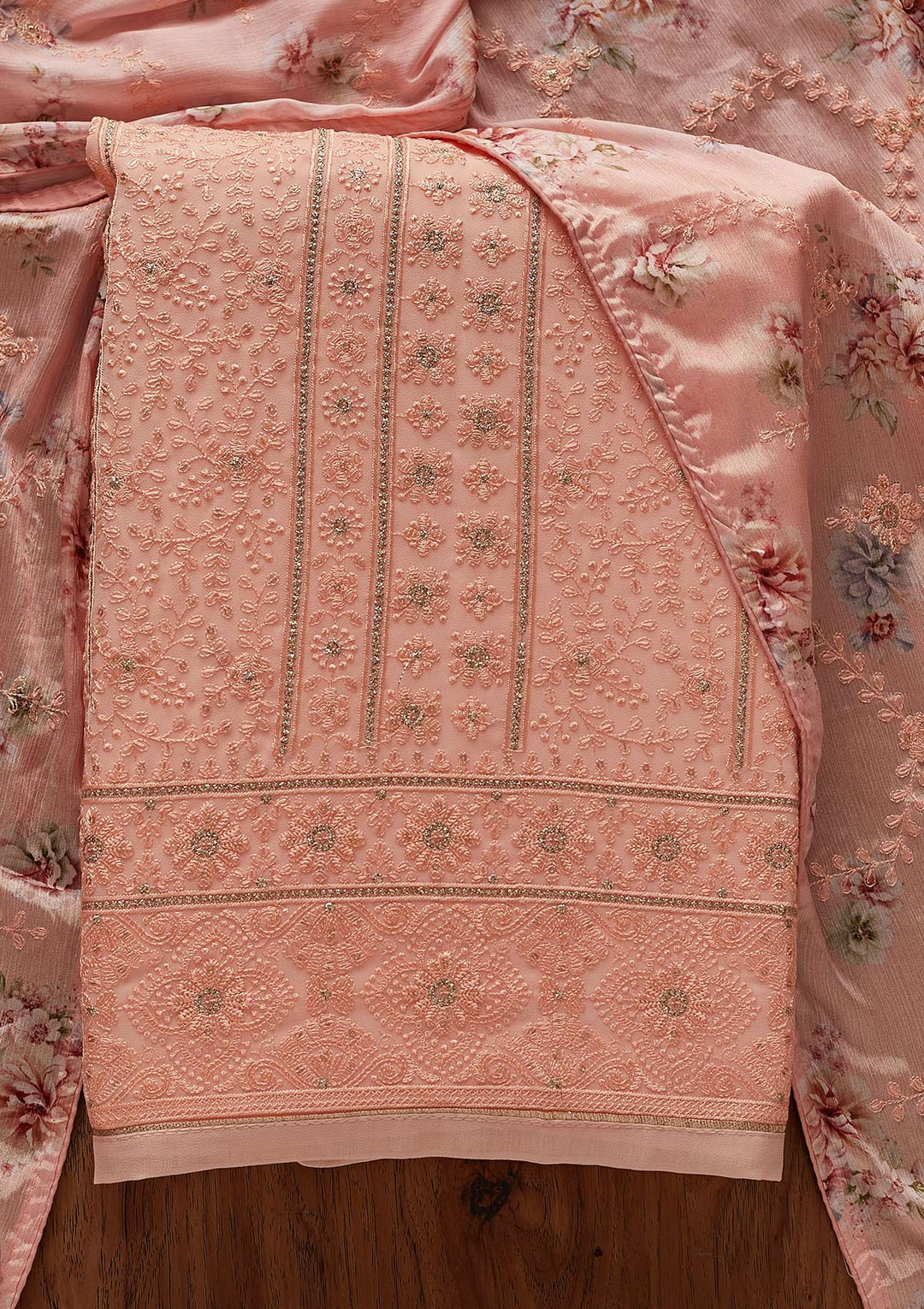 Peach Threadwork Georgette Designer Unstitched Salwar Suit - koskii