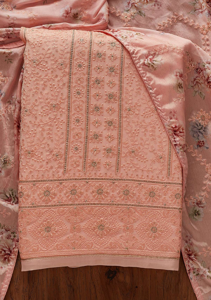 Peach Threadwork Georgette Designer Unstitched Salwar Suit - koskii