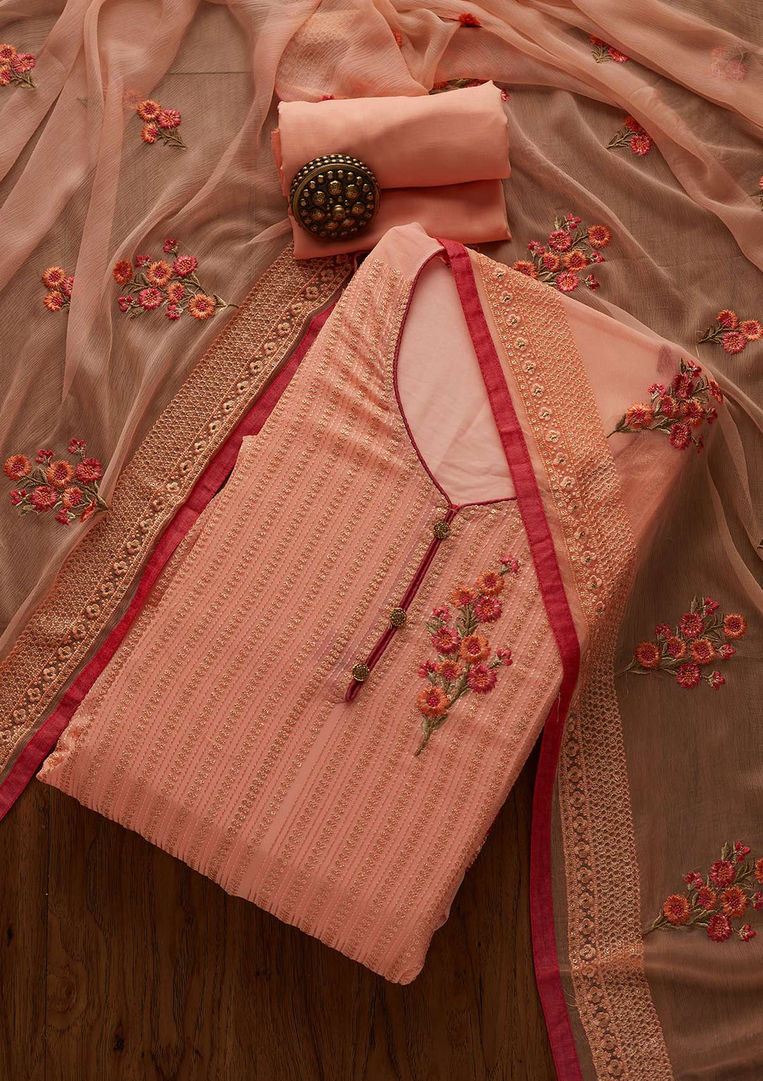Peach Threadwork Georgette Designer Unstitched Salwar Suit - Koskii