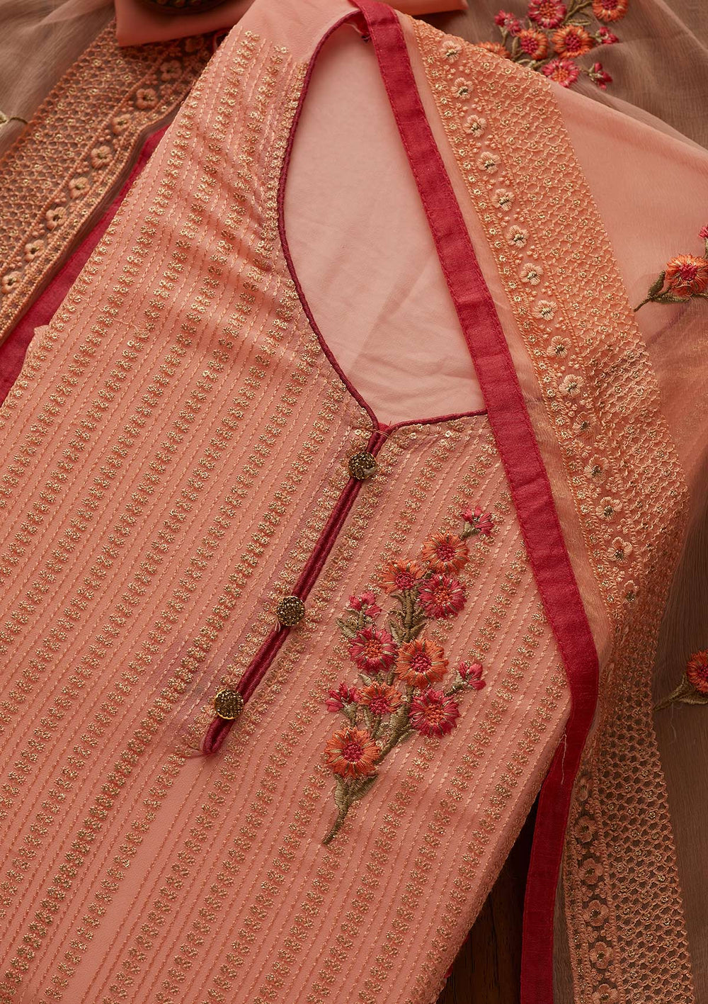 Peach Threadwork Georgette Designer Unstitched Salwar Suit - Koskii