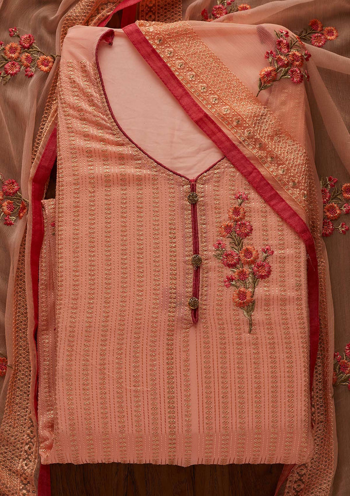 Peach Threadwork Georgette Designer Unstitched Salwar Suit - Koskii