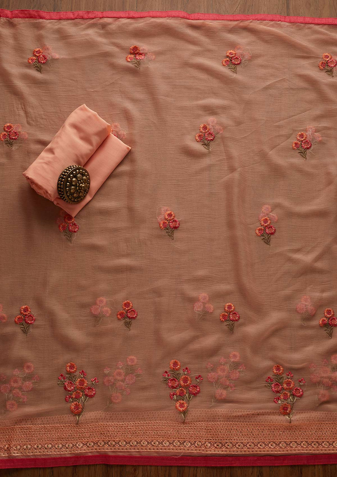 Peach Threadwork Georgette Designer Unstitched Salwar Suit - Koskii