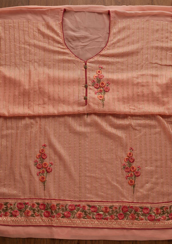 Peach Threadwork Georgette Designer Unstitched Salwar Suit - Koskii