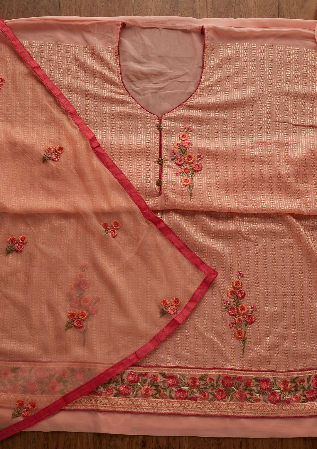 Peach Threadwork Georgette Designer Unstitched Salwar Suit - Koskii