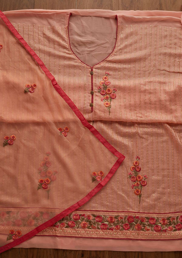 Peach Threadwork Georgette Designer Unstitched Salwar Suit - Koskii