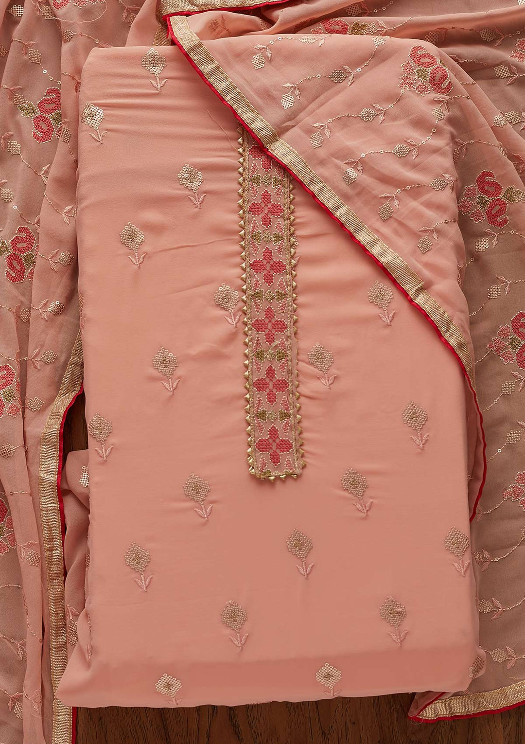 Peach Threadwork Georgette Designer Semi-Stitched Salwar Suit - Koskii