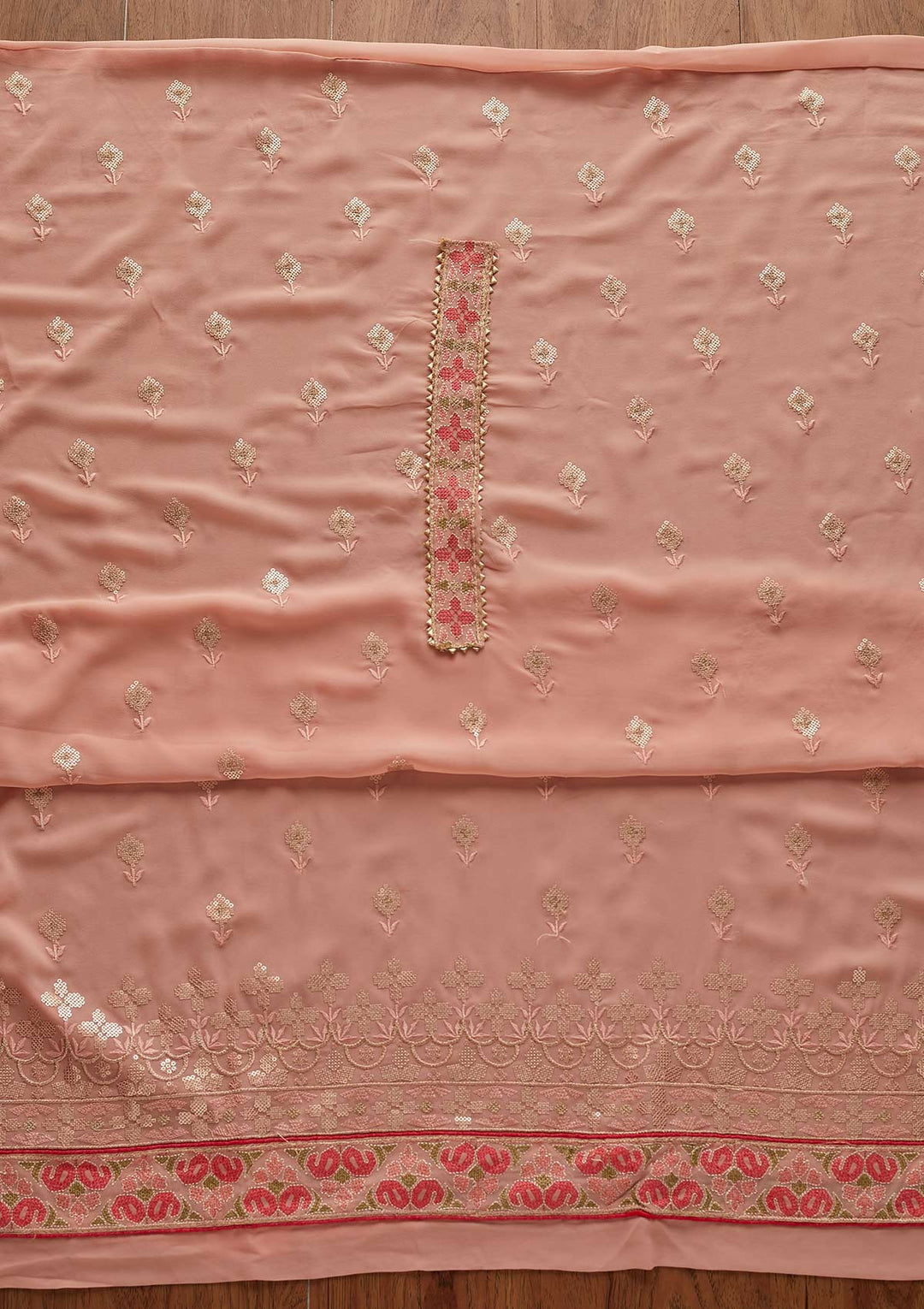 Peach Threadwork Georgette Designer Semi-Stitched Salwar Suit - Koskii