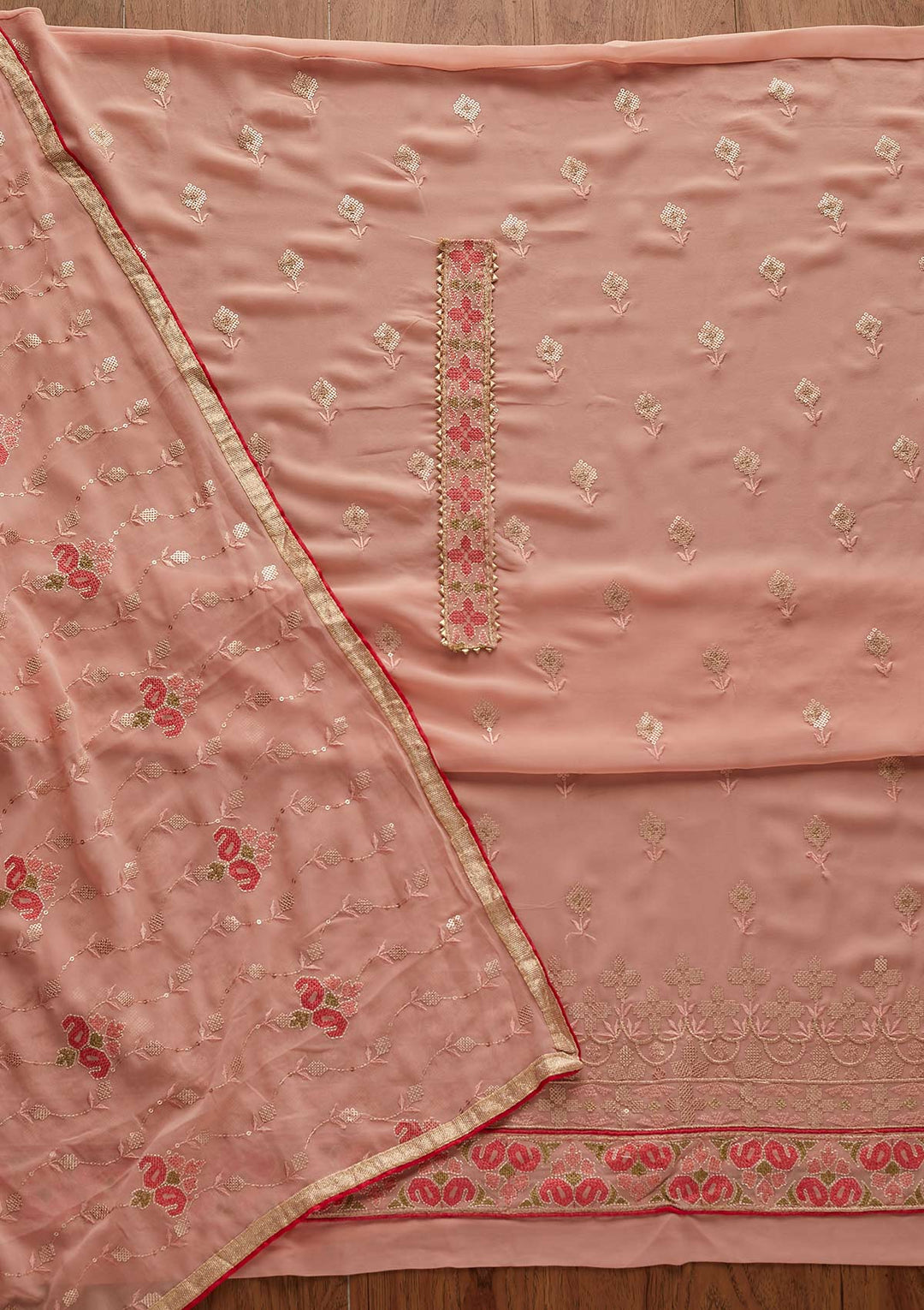 Peach Threadwork Georgette Designer Semi-Stitched Salwar Suit - Koskii