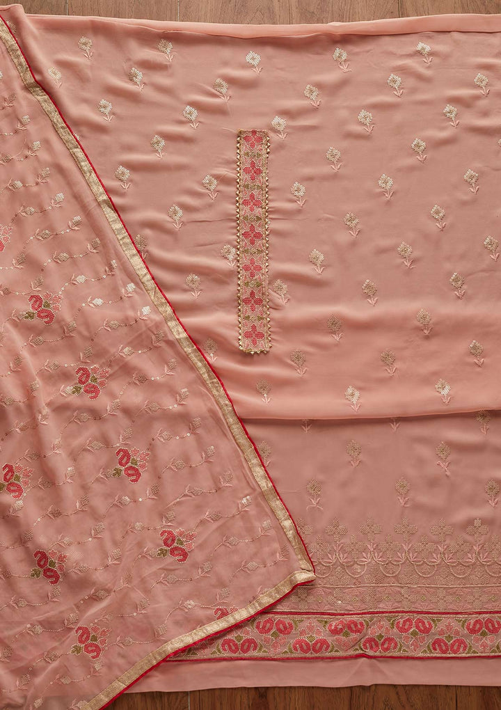 Peach Threadwork Georgette Designer Semi-Stitched Salwar Suit - Koskii