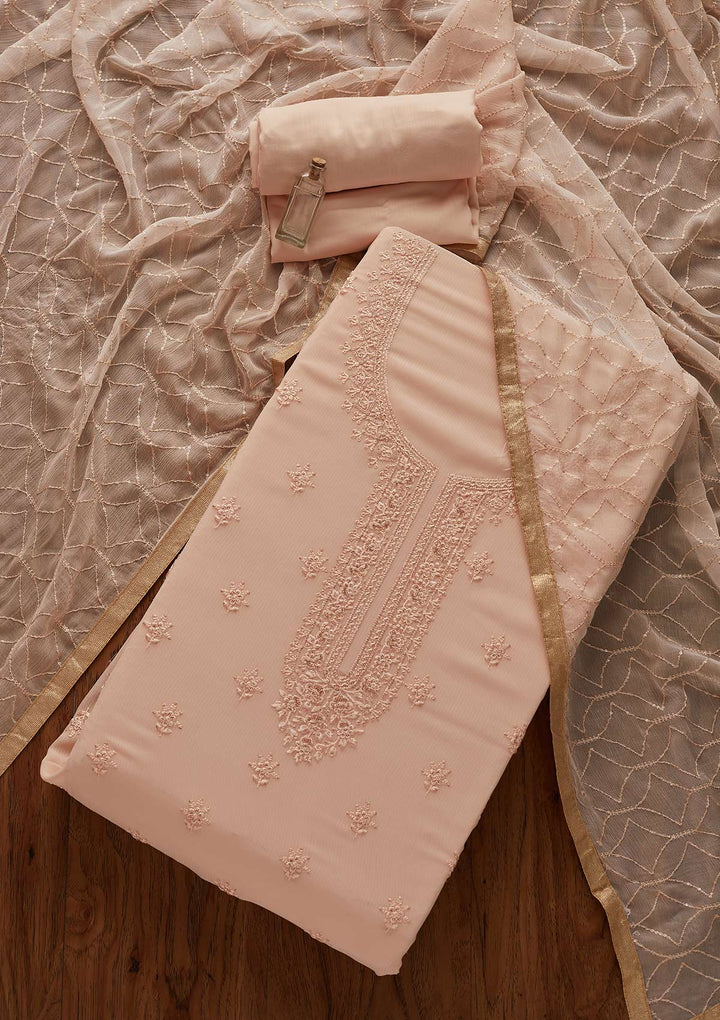 Peach Threadwork Georgette Designer Unstitched Salwar Suit - Koskii