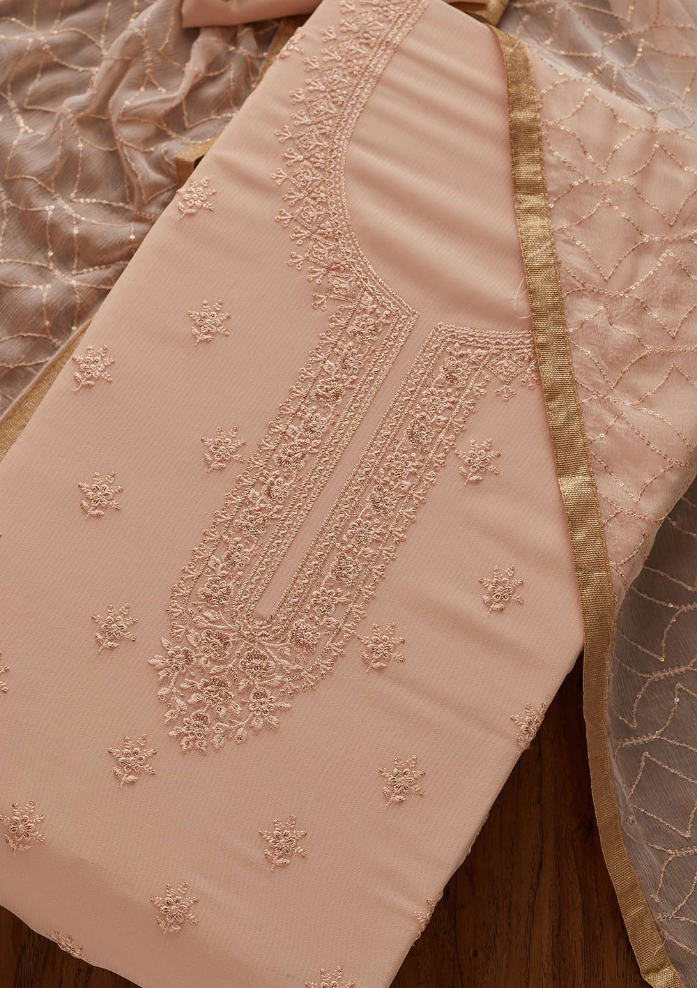 Peach Threadwork Georgette Designer Unstitched Salwar Suit - Koskii
