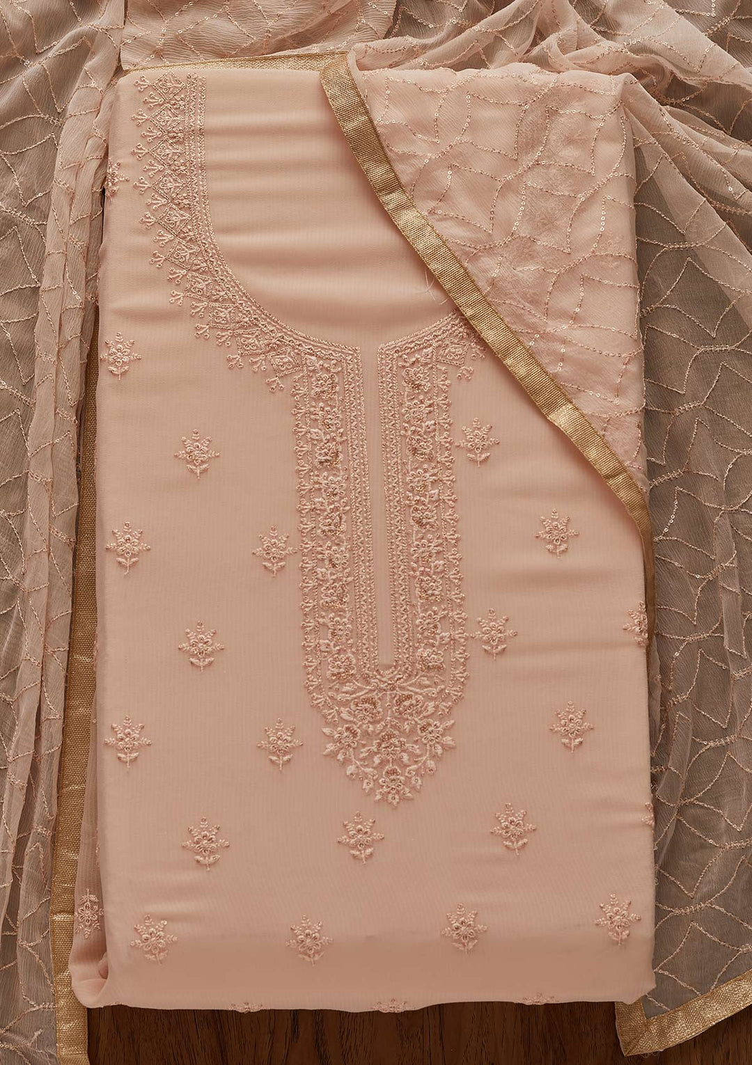 Peach Threadwork Georgette Designer Unstitched Salwar Suit - Koskii