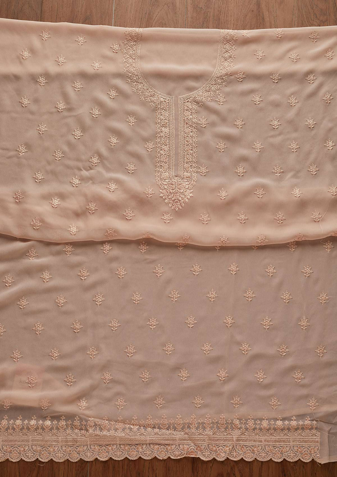 Peach Threadwork Georgette Designer Unstitched Salwar Suit - Koskii