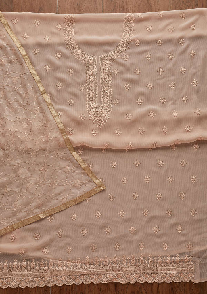 Peach Threadwork Georgette Designer Unstitched Salwar Suit - Koskii