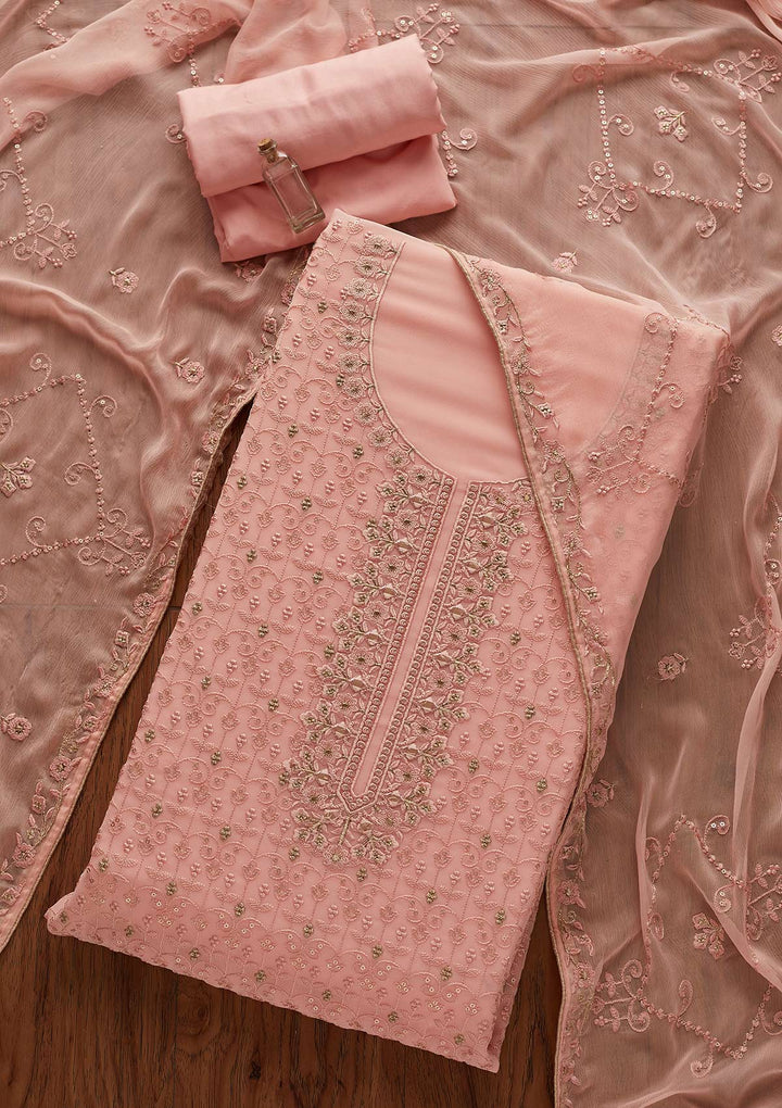 Peach Threadwork Georgette Designer Unstitched Salwar Suit - Koskii