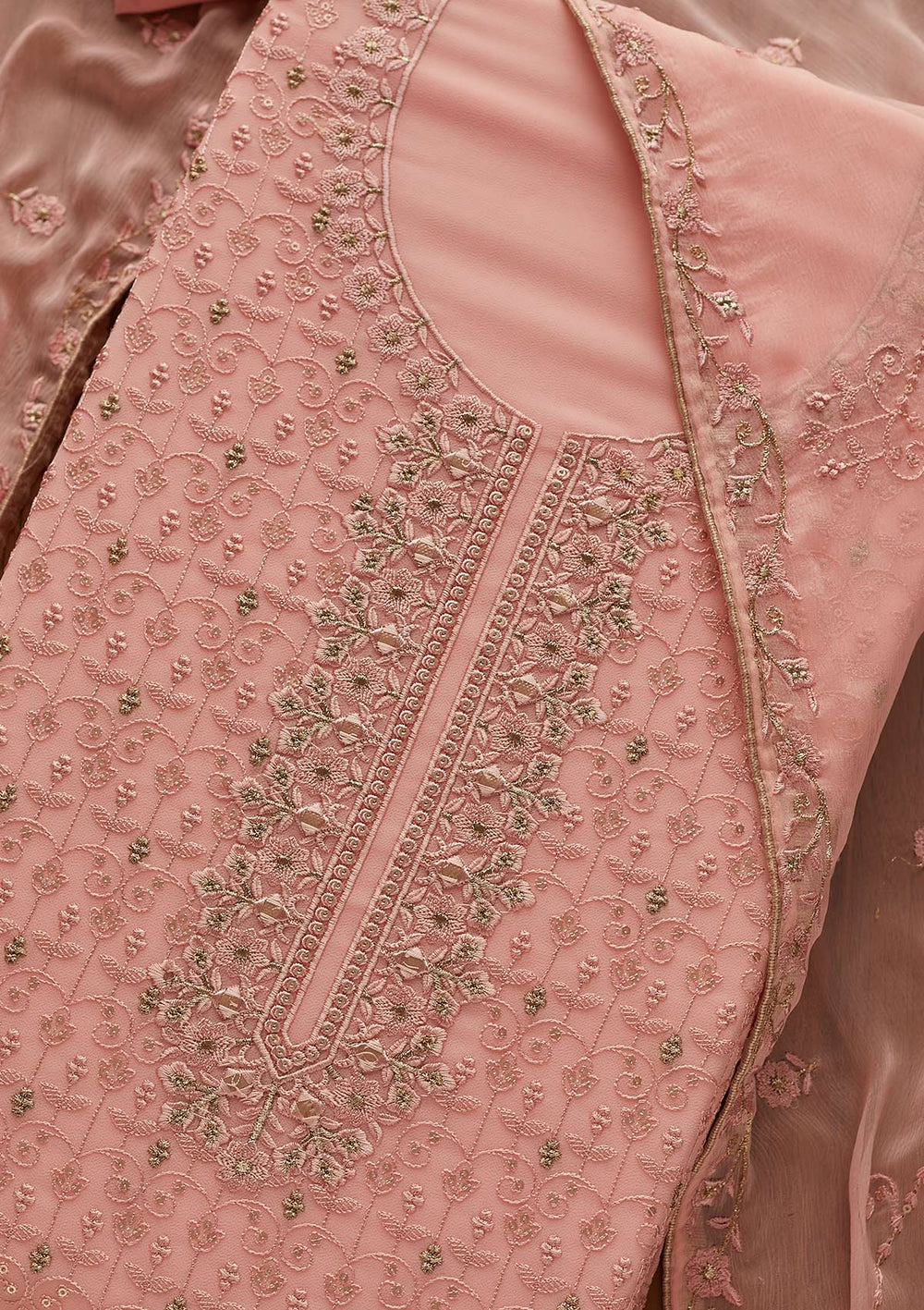 Peach Threadwork Georgette Designer Unstitched Salwar Suit - Koskii