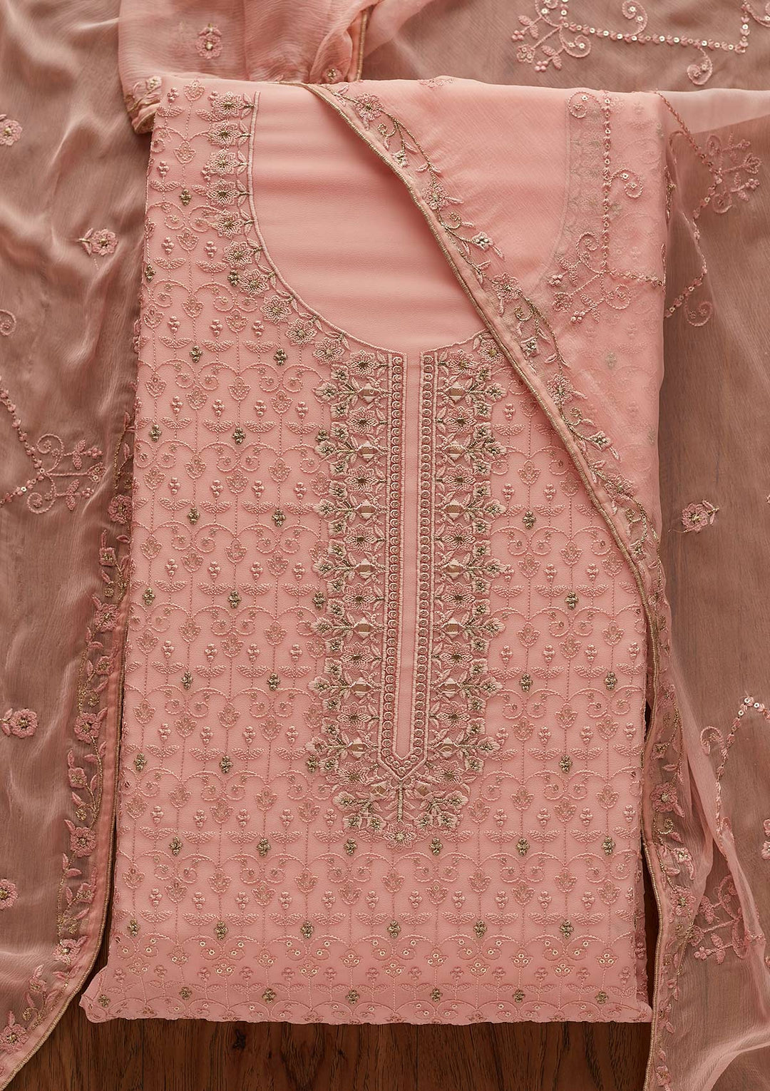 Peach Threadwork Georgette Designer Unstitched Salwar Suit - Koskii