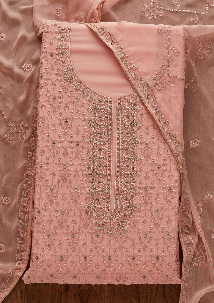 Peach Threadwork Georgette Designer Unstitched Salwar Suit - Koskii