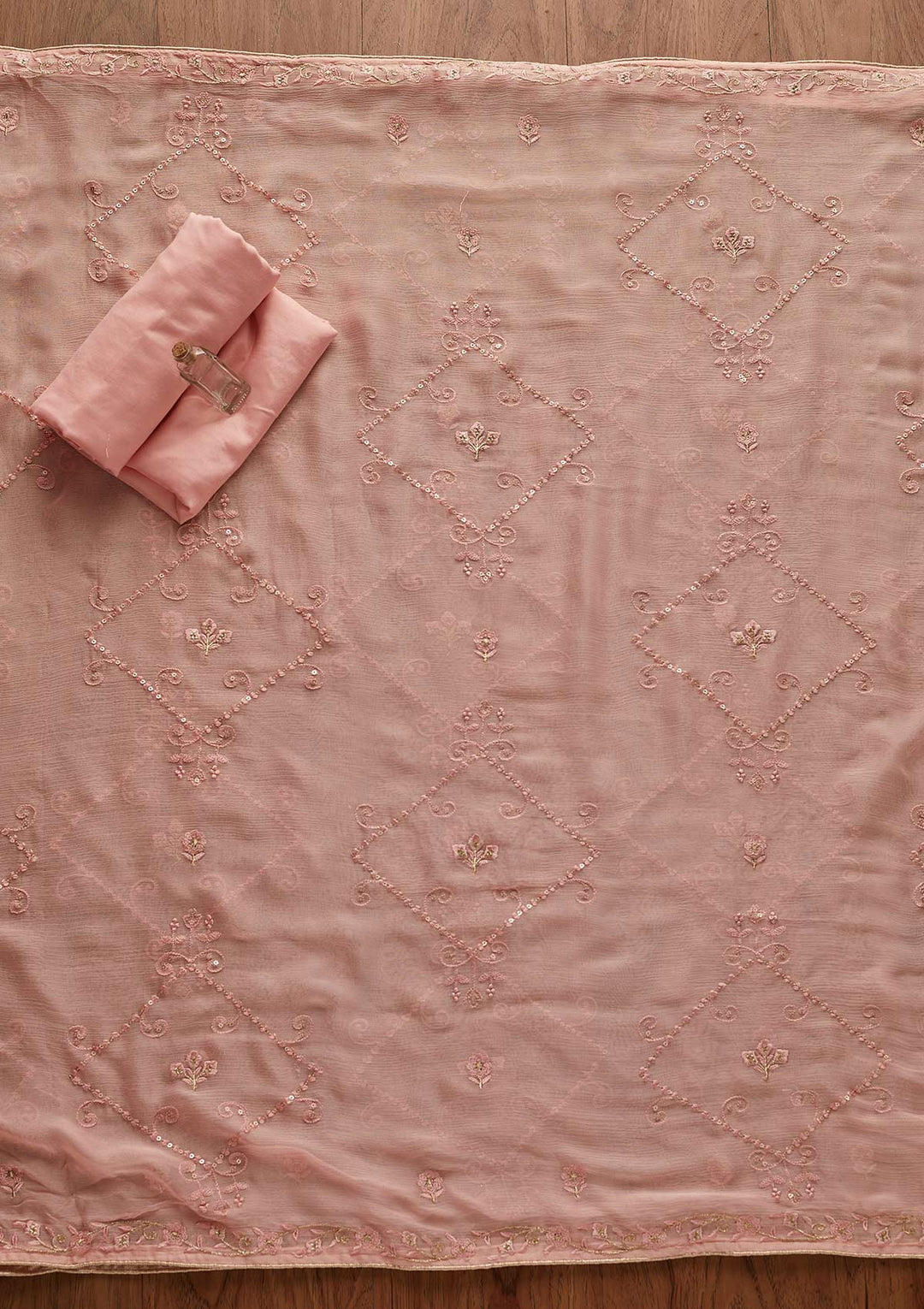 Peach Threadwork Georgette Designer Unstitched Salwar Suit - Koskii
