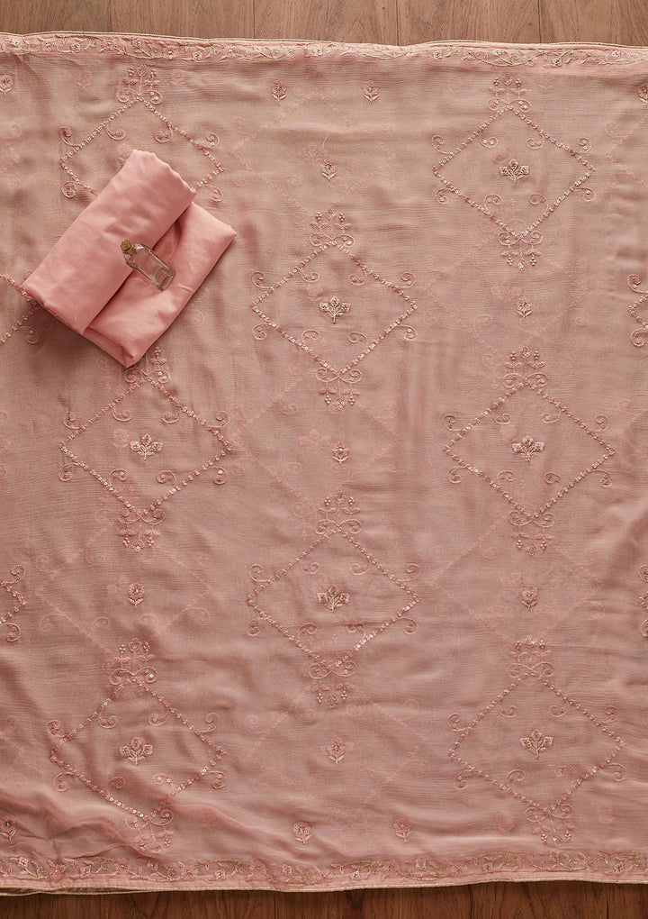 Peach Threadwork Georgette Designer Unstitched Salwar Suit - Koskii